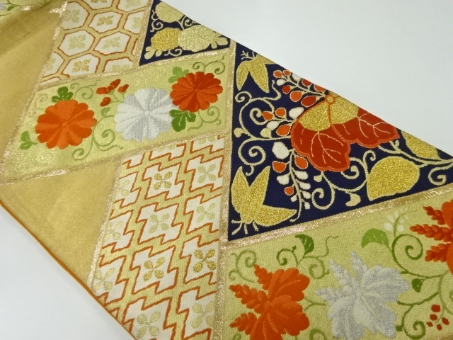 アンティーク　檜垣に花唐草・古典柄模様織出し袋帯（材料）